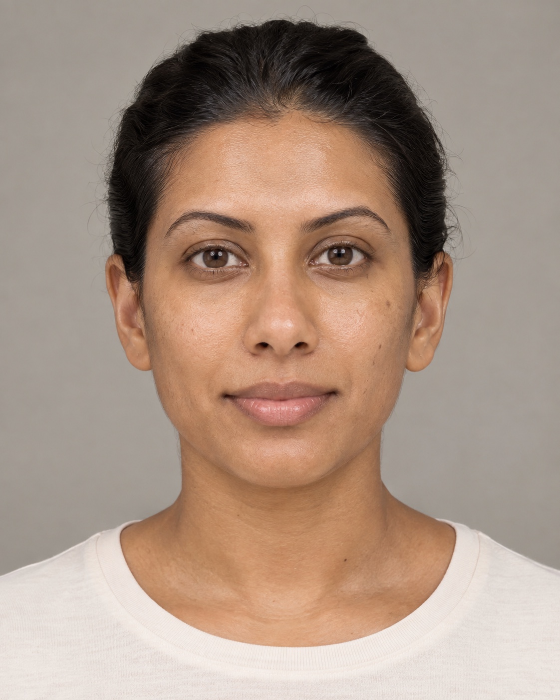 AI-created fictional adult, face-on in even light